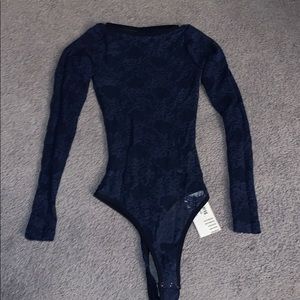nylon spandex stretch lace l/s thong bodysuit